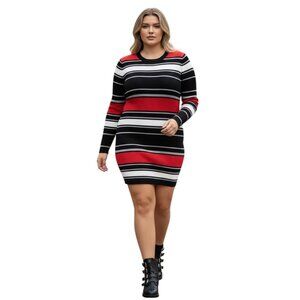 Planet Gold Juniors'  Plus Size Ribbed Metallic Striped Dress, Red, Multi